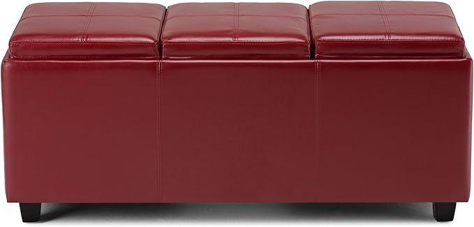 SIMPLIHOME Avalon Storage Ottoman - 42 inch Wide Upholstered Vegan Leather Rectangular Flip-Top Ottoman in Red, Contemporary Coffee Table Ottoman for Living Room with Hidden Storage