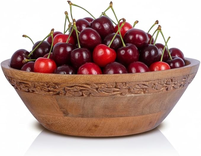 Mela Artisans Wooden Fruit Bowl | Medium Burnt Finish | 9” Mango Wood Serving Bowl with Felt Pads | Multipurpose for Kitchen Countertop |Salad | Snacks | Breads & More | Natural Grain Texture