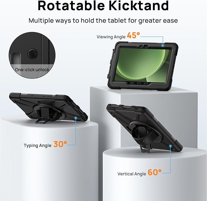Gerutek Case for Samsung Galaxy Tab Active 5 2024/Active 3 2021 8 Black | Heavy Duty Shockproof Drop Protection Case with Screen Protector 360° Rotating Stand Handle/Shoulder Strap Pencil Holder
