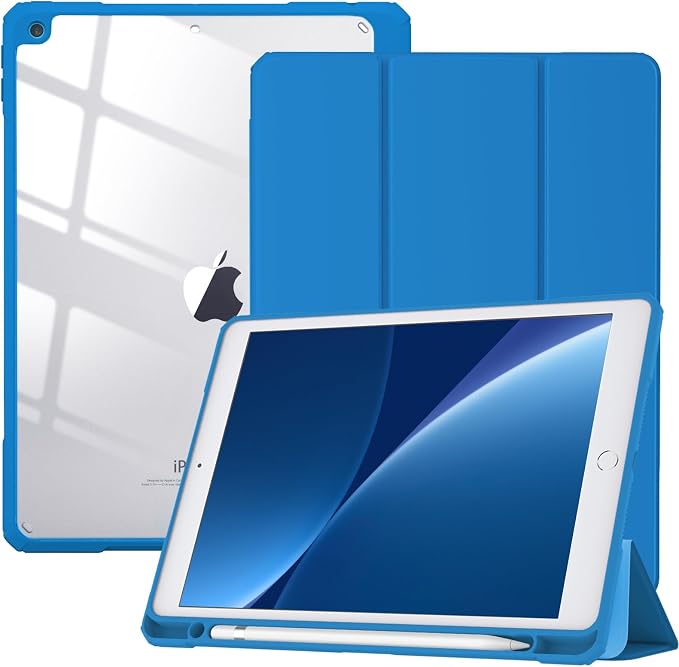 TiMOVO Case for iPad 9th/8th/7th Generation 10.2 inch Black | Pencil Holder Slim Trifold Stand Protective Cover Clear Transparent Back Shell Auto Wake/Sleep