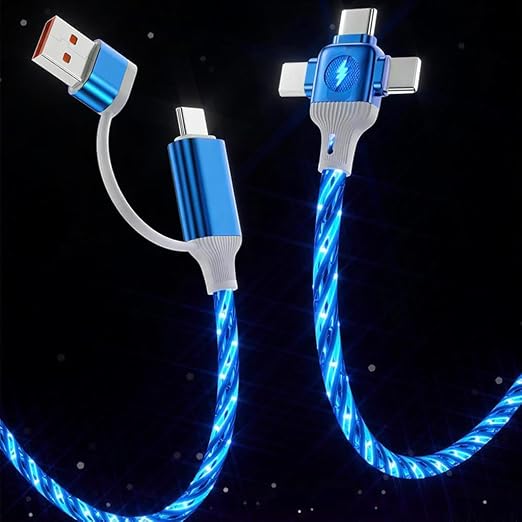 IHAO Multi Ports Light-Up USB Cable USBA to USBC/MicroUSB Cable Durable Fast Charging Cable with Visible Current Flow As Night Light Use-3in1 Blue