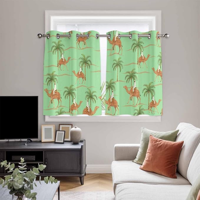 2 Panel Kitchen Cafe Curtains, Desert Camels Sunlight Filtering Nature Air