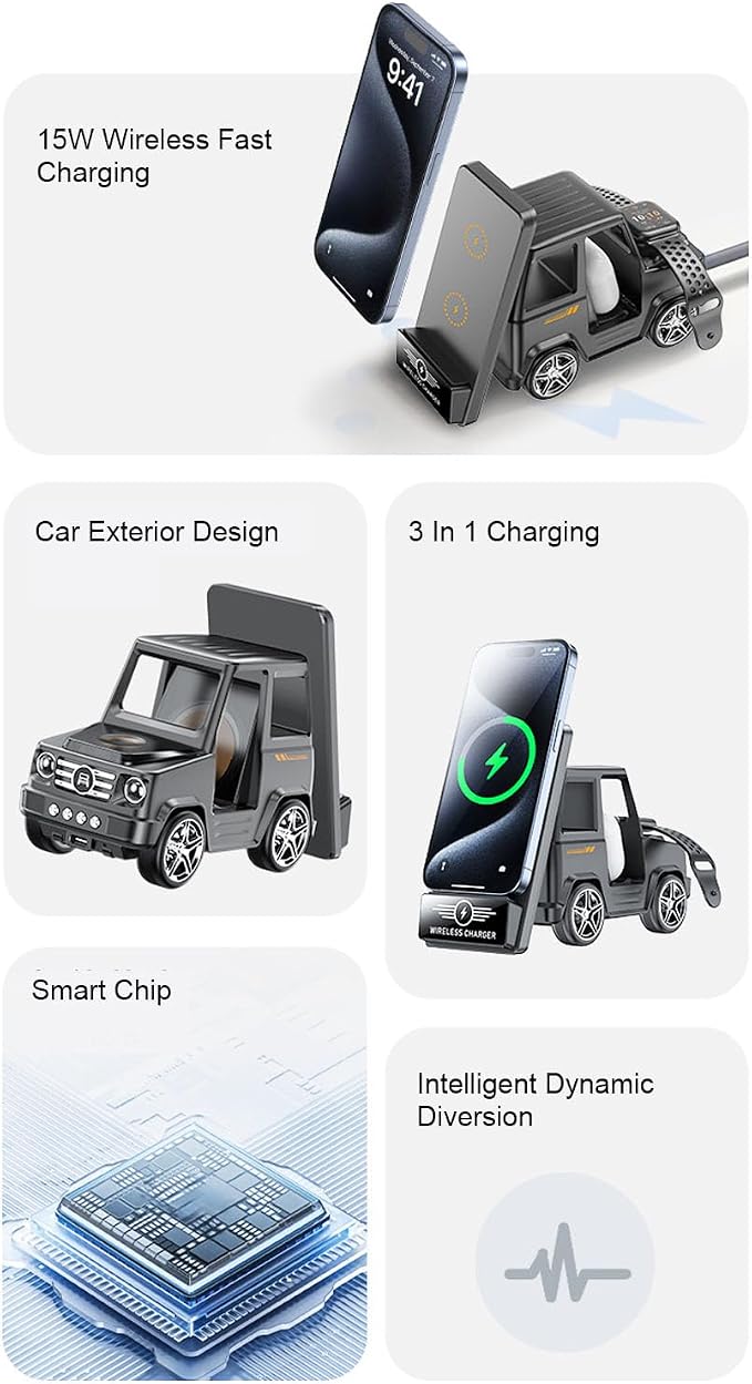 Zopsc Forklift Wireless Charging Station 3 in 1 15W Fast Charger Stand for Smartphone Smartwatch Earbuds