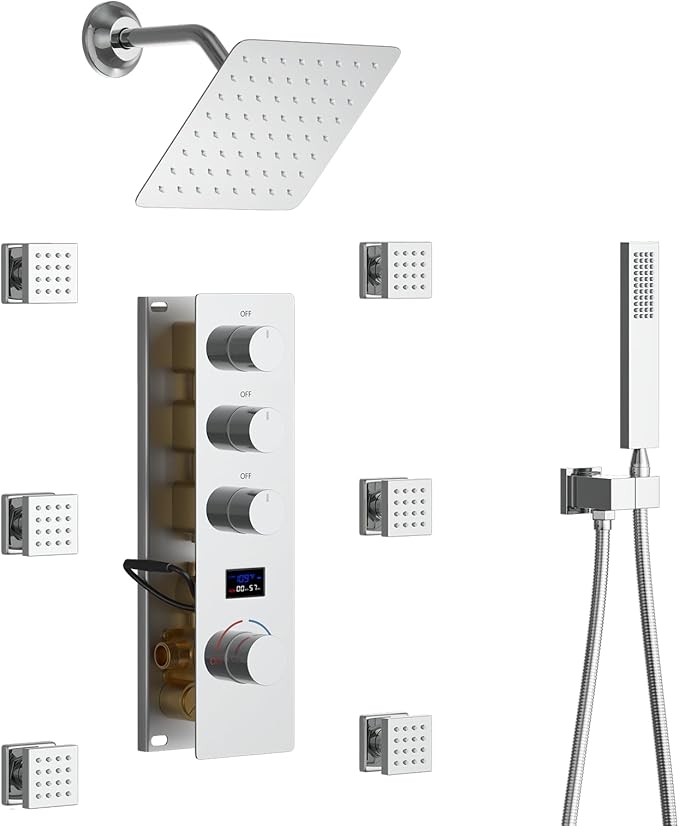 KATAIS Digital Tempreature Display Full Body Shower System Wall Mounted 8 Inch Rain Shower System with 6 PCS Body Jets, Handheld Spray, Chrome Shower Fixtures
