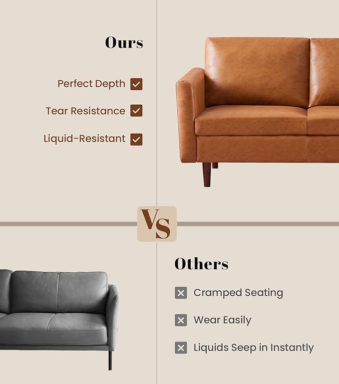 Kingfun Faux Leather 2 Seat Couch for Living Room, Mid Century Modern Sofa with Rolled Arms and Deep Seats, Fluffy Comfort for Apartment, Easy to Assemble, Mid Brown