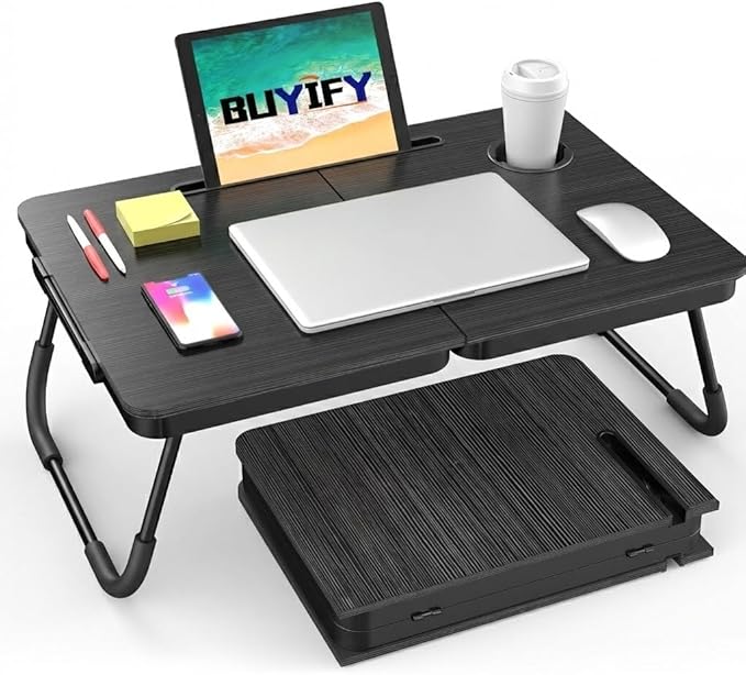 BUYIFY Foldable Laptop Bed Desk for Couch, Sofa - Large Lap Desk Tray Table with Cup Holder and Tablet Slot - Portable Notebook Stand for Eating, Writing, Studying and WFH -NEW-006