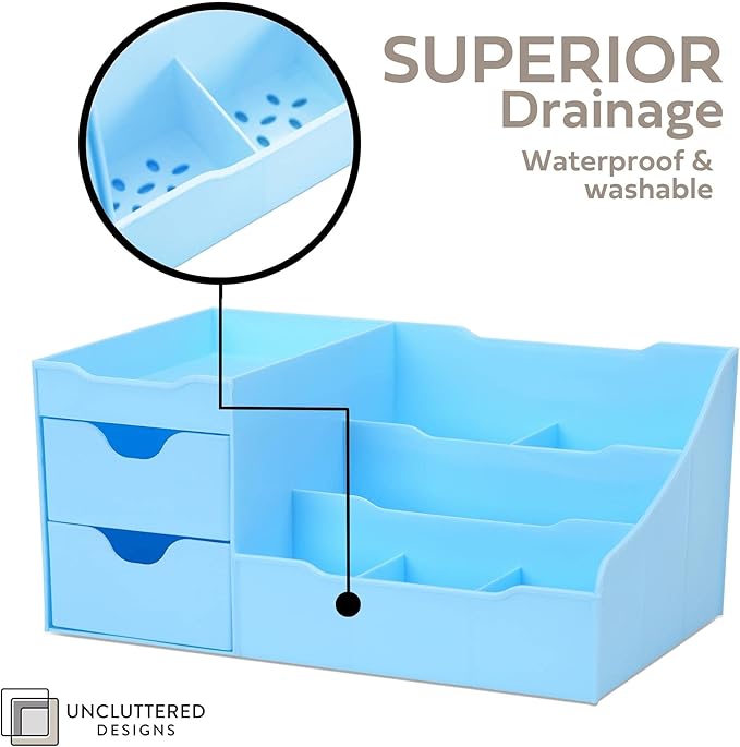 Uncluttered Designs Makeup Organizer With Drawers - Modern Countertop Storage for Cosmetics - Chic Vanity Holder for Cologne, Skincare, Brush, Lipstick, Nail Polish Organization & Display (Blue)