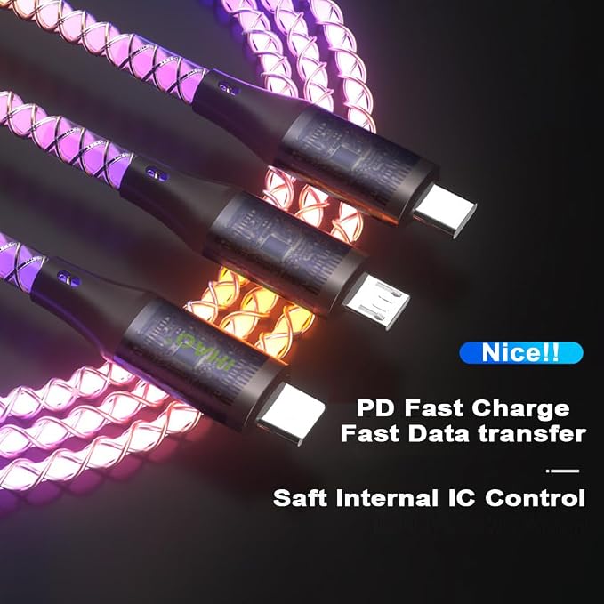 IHAO Multi Ports Charger Cable 3 Combinations in One Cable USB A to USB C/Micro USB PD Fast Charging Cord Lighted Up LED Flowing Compatible with Almost All Kinds of Electric Device-39Inches Blue