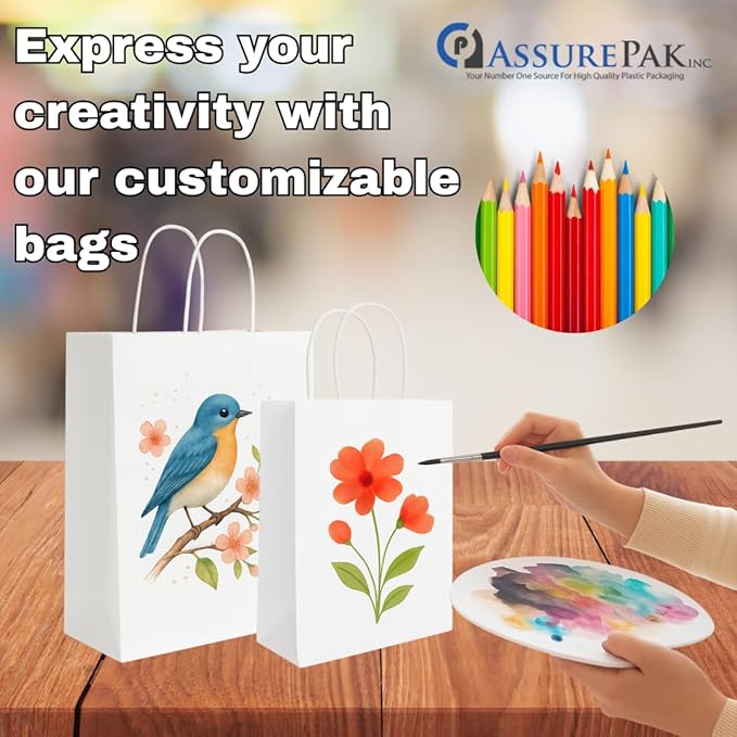 ASSUREPAK White DIY Paper Bags, 10" x 5" x 13", 90 GSM, 250 Count