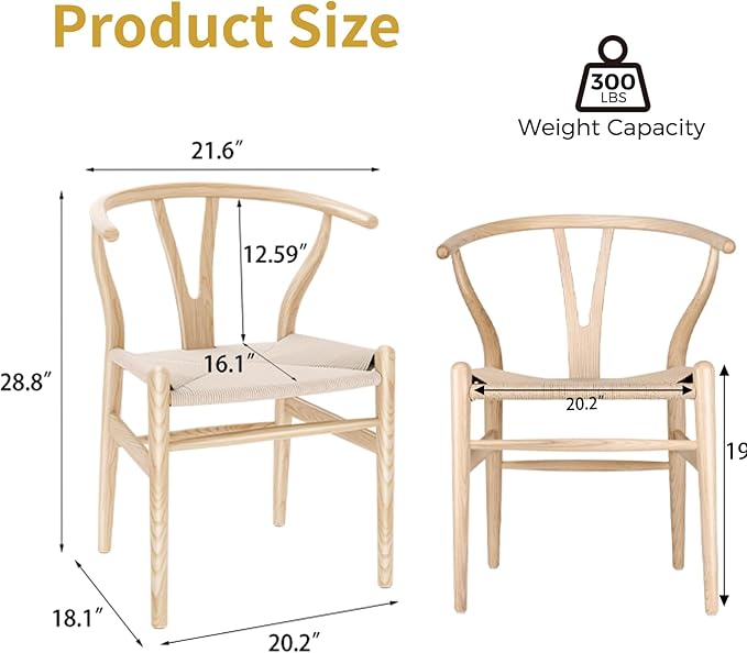 Wishbone Chair Natural Solid Wood Dining Chair/Hans Wegner Y Chair Rattan and Wood Accent Armrest Chairs - Ash Wood Chairs (Ash Wood + Natural Color)