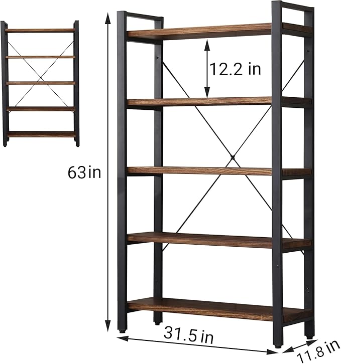 5 Tier Bookcase, Solid Wood Bookshelf Rustic Vintage Industrial Etagere Bookcase, Metal and Wood Free Vintage Bookshelf, Retro Brown (5-Tiers)