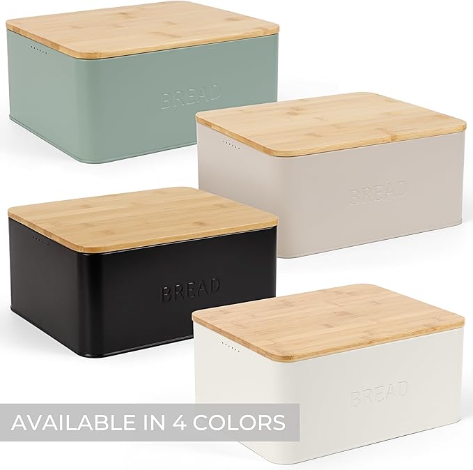 Beautiful Bread Box With Wooden Lid For Your Kitchen Countertop - Spacious Container Perfectly Stores Your Homemade Bread, English Muffins & Bagels - Quality Cutting Board Lid Keeps Bread Fresh