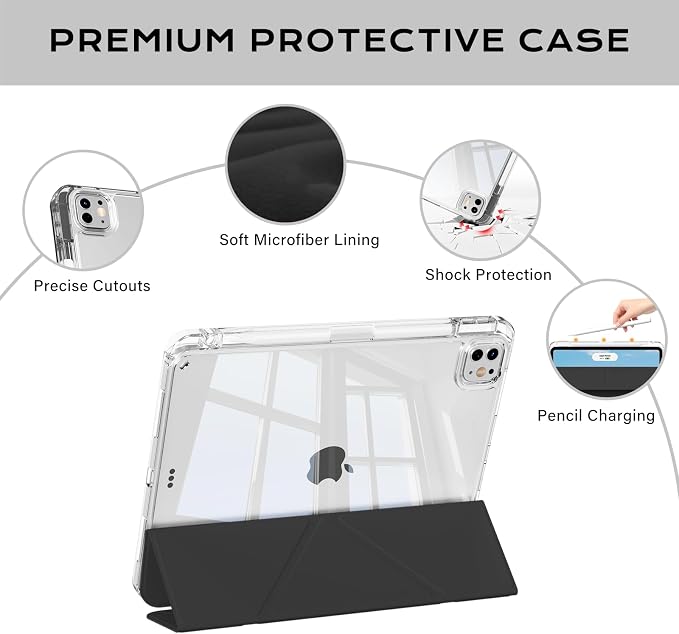 Clear Case for iPad Pro 12.9 inch 6th/5th/4th/3rd Gen with Y-fold &amp Trifold Stand Pencil Holder Support Pencil Charging [Auto Wake/Sleep] Lightweight Shockproof Hard PC Back Cover Black