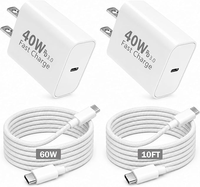 [Apple MFi Certified] 40W GaN III USB C Charger with 10FT Cable for iPhone | 2-Pack PD 3.0 PPS Charger Set Compatible with iPhone 17/16/15 Pro Max Samsung S25 iPad and MacBook Compact Travel Desig