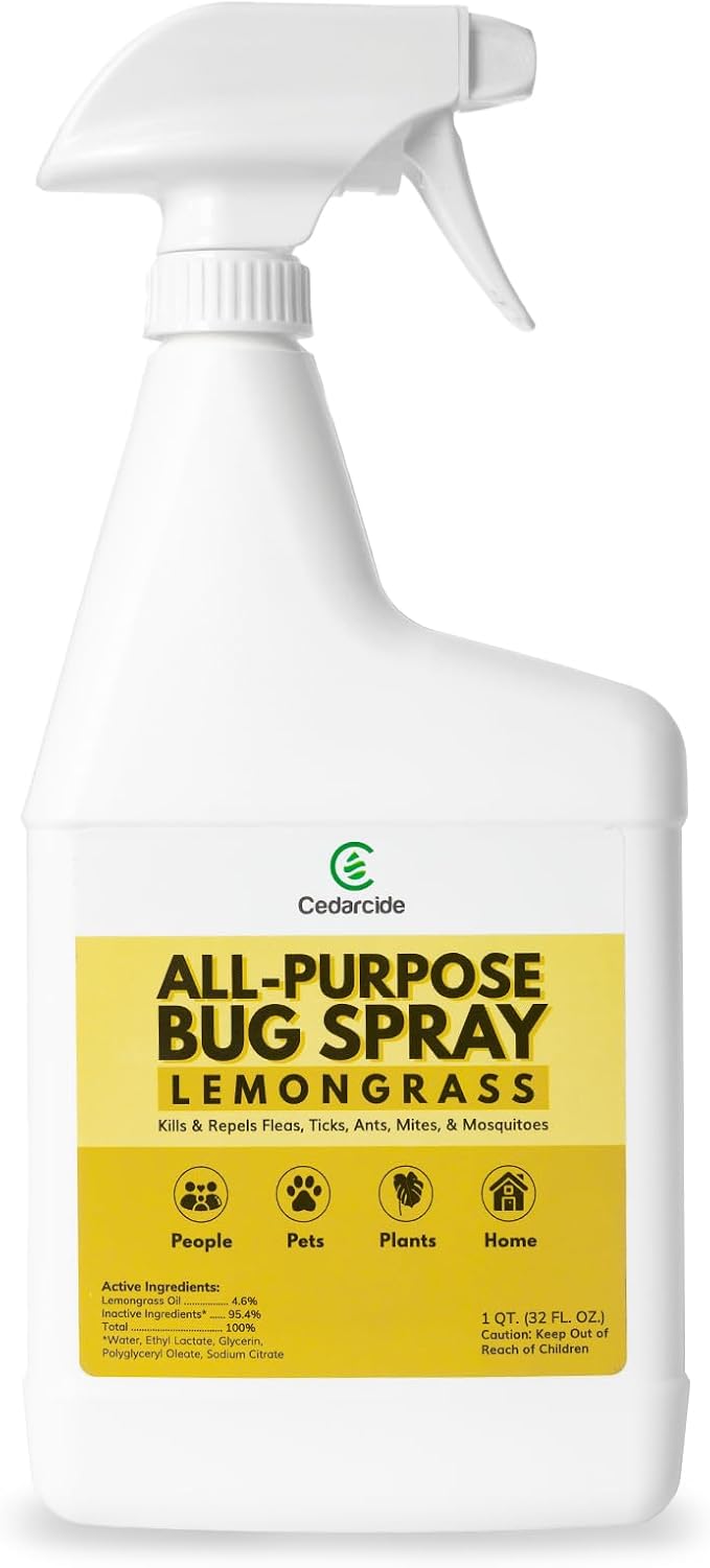 Cedarcide All-Purpose Bug Spray | Kill and Control Mosquitos, Fleas, Ticks, Ants | Made with Natural Essential Oils | Use on People, Pets & Kids (Lemongrass, Quart (32 Oz.))