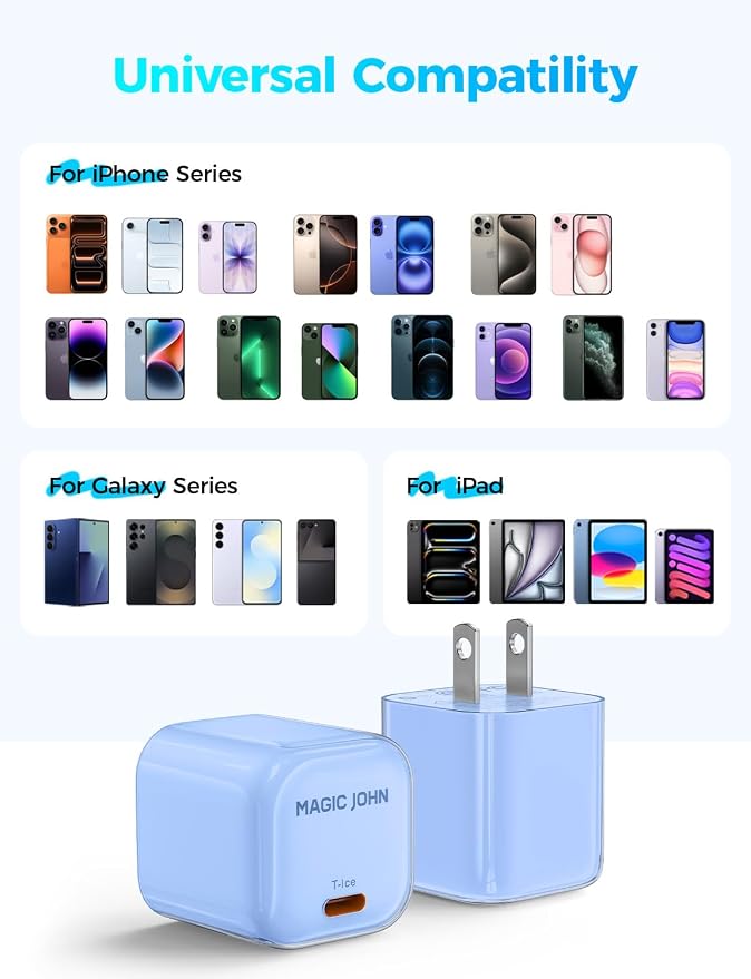 MAGIC JOHN 45W PD USB C Charger Fast Charging Wall Power Adapte Blue | Compact Size Safe PD Fast Charging Stable Power Output Universal for Cell Phones Tablets &amp Light Laptops
