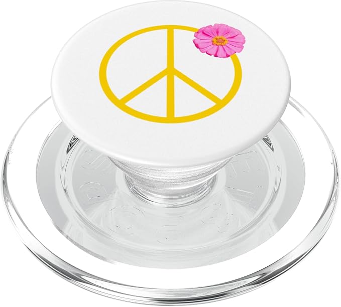 Pretty Pink Flower on Yellow Peace Sign PopSockets Adhesive PopGrip