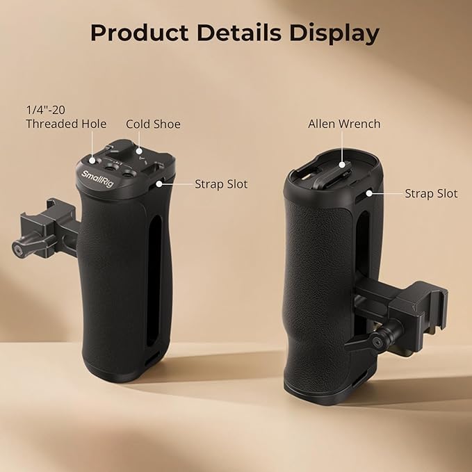 SmallRig Mini NATO Side Handle for Camera Cages, Universal Ergonomic Side Handgrip, 43mm Up/Down Adjustable, Bulit-in 1/4"-20 Threaded Hole, Strap Hole, Cold Shoe - 4840