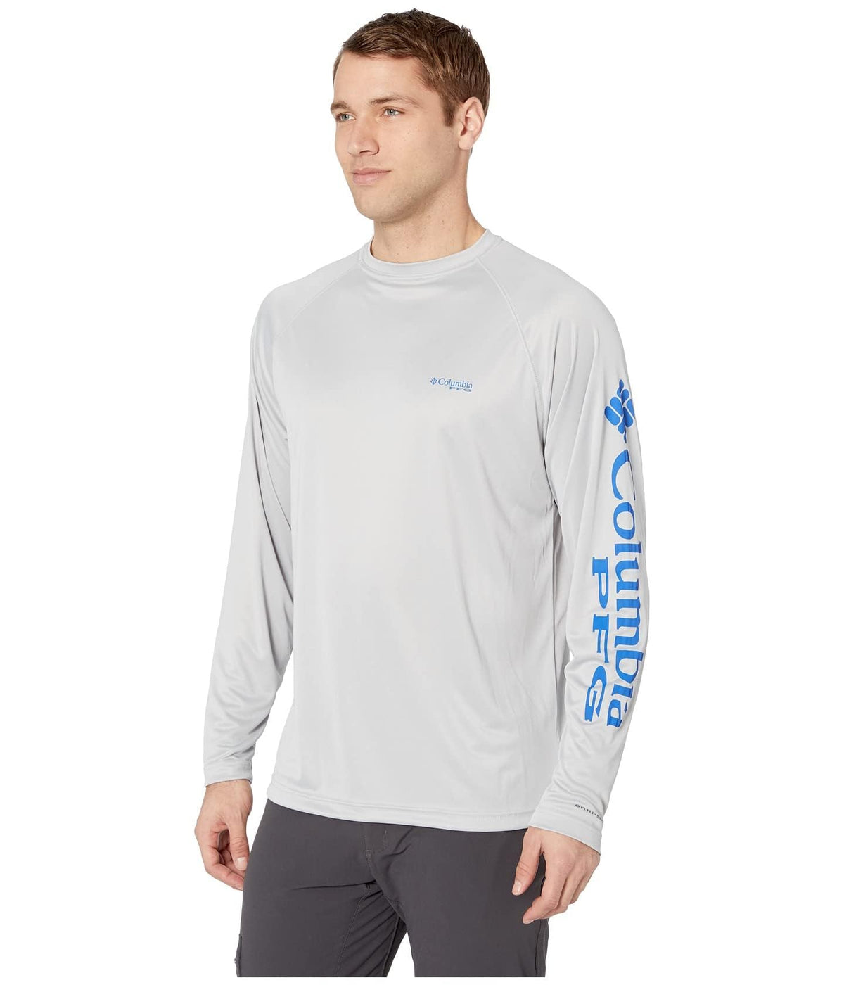 Columbia Men's PFG Terminal Tackle Long Sleeve Fishing Shirt, Cool Grey/Vivid Blue Logo, X-Large