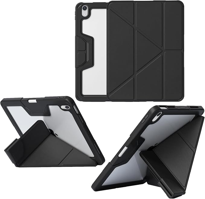 Military Grade Case for iPad (A16) 11 2025 10th Gen 10.9 2022 Black | Pencil Holder Auto Sleep/Wake Multi Angle Magnetic Stand Hard Clear Acrylic Back Shockproof Protective Cover