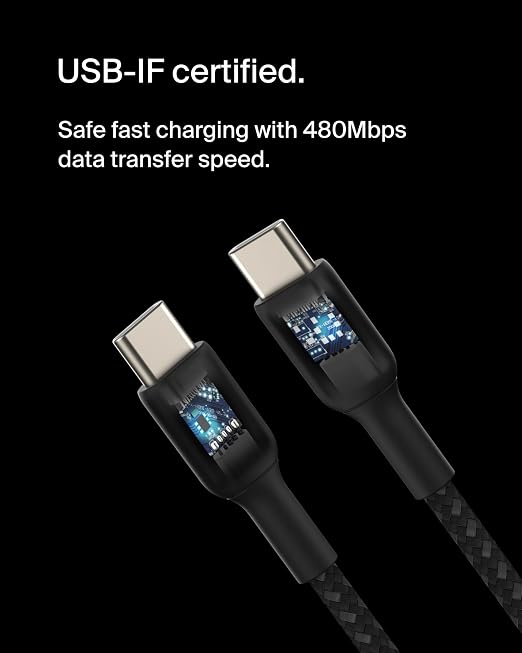 Belkin USB C to USB C Braided Cable 3.3ft iPhone Charger Cord | tangle-free braided cord iPhone 17/16 Samsung Galaxy S25 Pixel 9 MacBook iPad Pro Nintendo Switch 2 travel essential