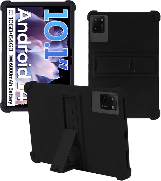 Case for DigiLand-S10 10.1 Android 14 Tablets，WUNIAK Shock Proof Lightweight Stand Rubber Shell Protective CoverKids Friendly Soft Silicone Adjustable Stand CoverBlack