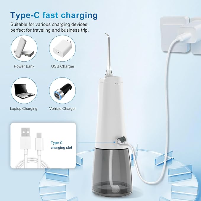 JNGOODS Cordless Water Dental Flosser Oral irrigator,JNGOODS 300ml Rechargeable Water flosser for Teeth IPX7 Waterproof 4 Modes Portable Oral Irrigator with 4 Jet Tips, Travel Home use (White)