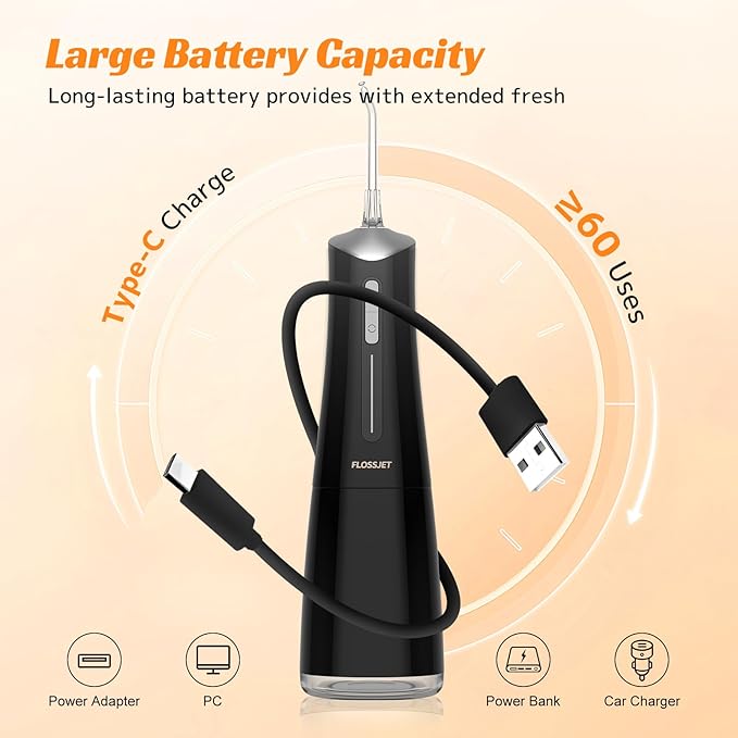 FlossJet Water Dental Flosser Cordless Oral Irrigator with 300ml 5 Tips 4 Modes USBCharger Portable Travle Irrigation Cleaner IPX7 Electric Irrigador Dental for Teeth Cleaning (Black)