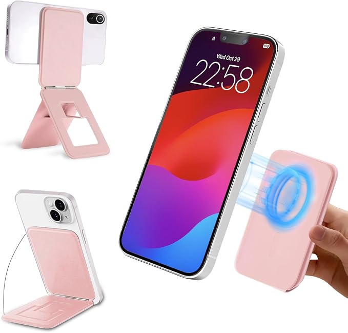 Magnetic Phone Stand Compatible with All Smartphones 17/16/15/14/13/12 Series Slim PU Leather Desk Stand with Angle Adjustment Portable &amp Includes 1 Strong Magnetic Ring for Any Phone(Pink)