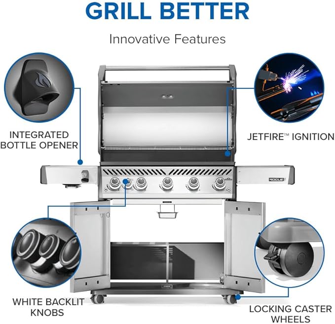 Napoleon Rogue PRO 625 Propane Gas Grill with Infrared Side Burner, Stainless Steel, Durable 6-Burner Gas BBQ