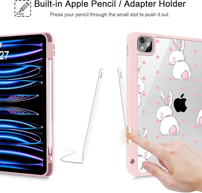 May Chen Case for iPad 12.9 Inch (6th/5th/4th/3rd Generation 2022/2021/2020/2018) Pencel Holder + Trifold Support Auto Sleep/Wake Transparent Shockproof Back Cover Blue Bows