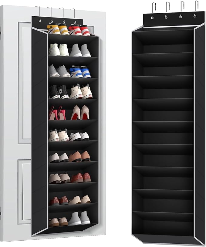 REGELETO 10 Tiers Large Size Over the Door Shoe Organizer Storage, Hanging Shoe Rack for Door with Deep Pockets, Fit 20 Pairs Shoe Organizer Holder for Sneakers and Boots (Black)