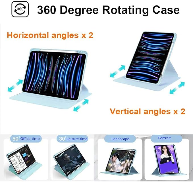iPad Pro 11 Case 4th/3rd/2nd/1st Gen Balck | 360° Rotating Pencil Holder Compatible with 2022/2021/2020/2018 Clear Acrylic Back Auto Sleep/Wake