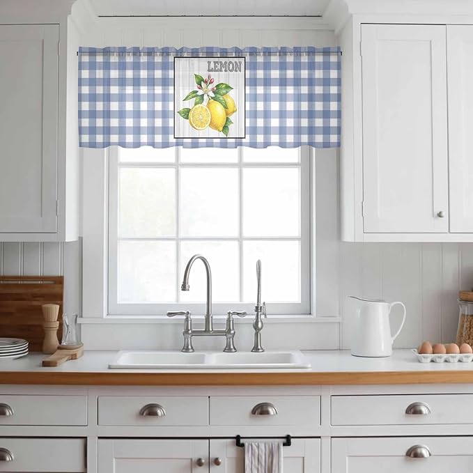 Lemon Sheer Valance Curtains, Summer Fruit Floral Wood Grain Blue Plaid Light
