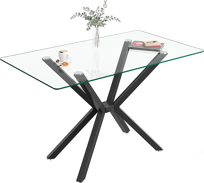 47.2" Glass Dining Table, Modern Kitchen Table for 4 People, Contemporary Rectangular Dining Room Dinner Tables with Clear Glass Top & Black Metal X Legs for Kitchen Apartment
