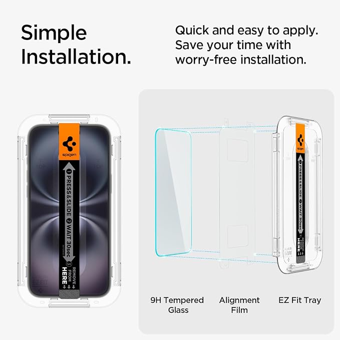 Spigen GlasTR EZ FIT Screen Protector for iPhone 16/15 | 9H+ tempered glass Scratch resistance auto-align tray Lab-tested 100% clarity Original touch Case-friendly 2 Pack