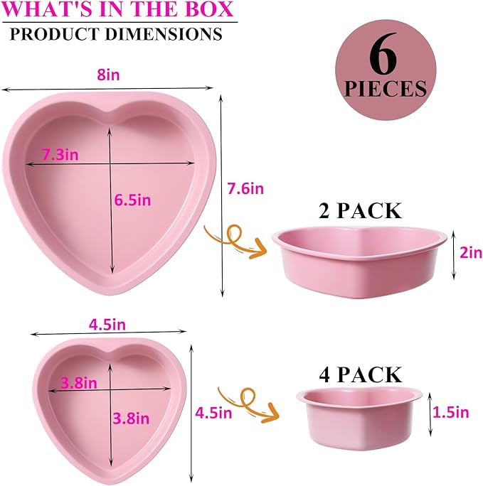 AVSQUINE 7 & 4 Inch Heart Shaped Cake Pans Set of 6, Pink Carbon Steel Baking Pans Set, Nonstick Heart Cake Mold for Baking, Small Cake Pans, Bakeware Sets for Valentine's Day Wedding