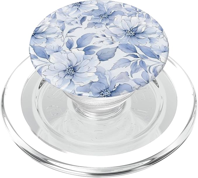 Blue White Floral Illustration Print PopSockets PopWallet for MagSafe