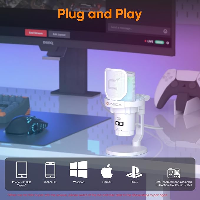 COMICA EJoy Uni Pro Wireless USB Condenser Gaming for PC, PS4, PS5, USB C Phone and Mac, RGB Computer Mic for Twitch, Streaming/Podcasting/YouTube, Noise Cancellation Mic with Mute, Gain, Monitoring
