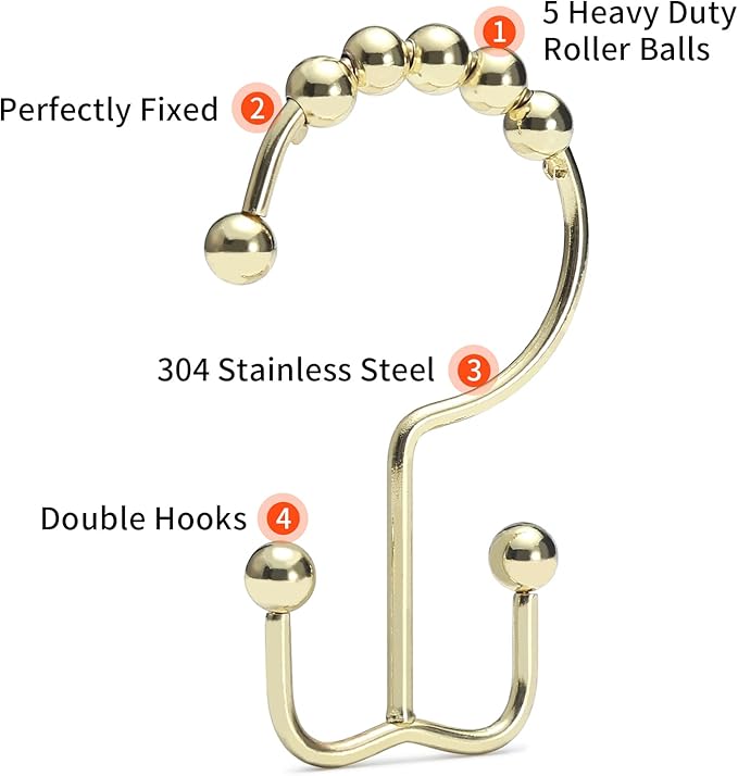 Goowin Shower Curtain Hooks Rings, Stainless Steel Gold Shower Curtain Hooks Rust Proof, Free Sliding Double Shower Hooks for Shower Curtains & Liners (Gold)