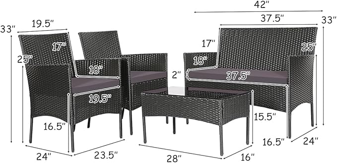 Tangkula 4 Pieces Patio Rattan Conversation Set, Outdoor Wicker Furniture Set with Tempered Glass Coffee Table &Thick Cushion, Rattan Chair Wicker Set for Garden, Lawn, Poolside and Backyard