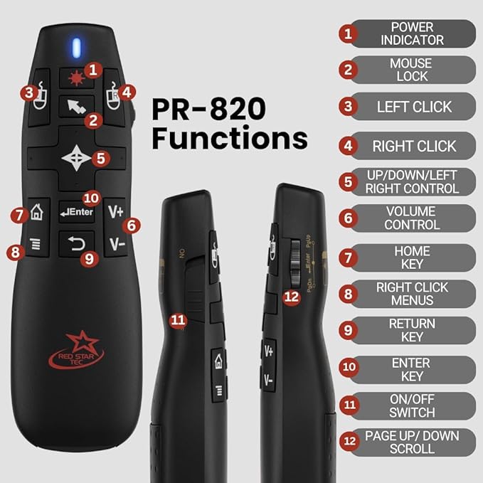 PR-820 Wireless Presentation Clicker with Laser Pointer, PowerPoint Clicker with Air Mouse, Remote for Slideshows, Google Slides, Keynote & Smartboards, Mac/PC Compatible