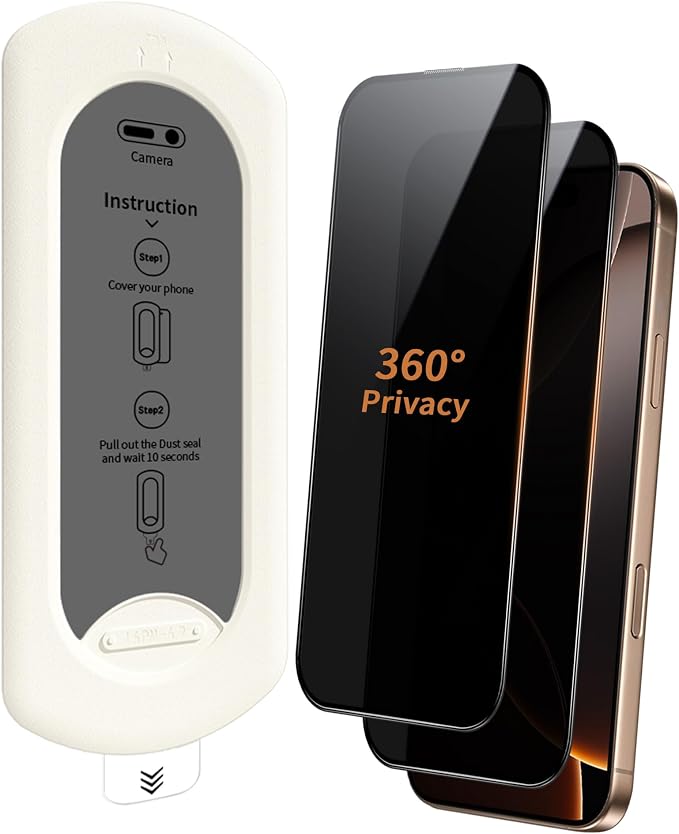 2 Pack 360 Degree for iPhone 17E/16E/14/13Pro/13 Privacy Screen Protector 4-Way Private Anti-Spy Tempered Glass Film with Auto Alignment Dust Free Bubble Free Anti-Scratch 9H Hardness Easy Install