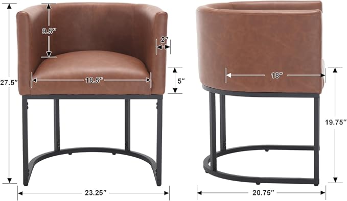 Faux Leather Dining Chairs Set of 8 Modern Barrel Arm Chairs with Black Metal Frame, Upholstered Kitchen Chairs 18.5" Wide Accent Chairs for Living Room Dining Room Restaurant, Brown