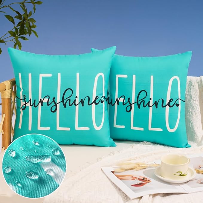 DFXSZ Outdoor Pillow Covers 18x18 Inch Set of 2 Hello Sunshine Decor Blue Green Waterproof Throw Pillow Covers Summer Outdoor Waterproof Pillow covers Decor for Patio Funiture Garden Sofa Couch 020D18