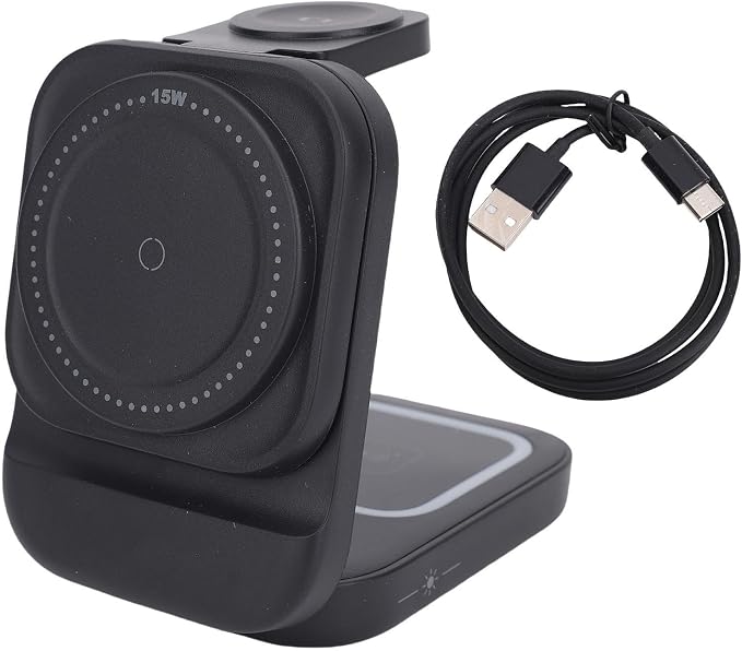 Multifunctional Wireless Charger 3 in 1 Fast Charger for Nightstand Black ABS 15W Charging Dock