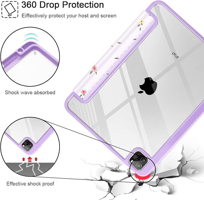 Mektron Case for iPad Pro 11 inch Case M2 2022 Generation 4th Fit 2021 2020 2018 iPad Pro 11 (3rd 2nd &amp 1st Gen) -Buit in Pencil Holder with Shockproof Cover Clear Shell Blue Bows &amp Flower