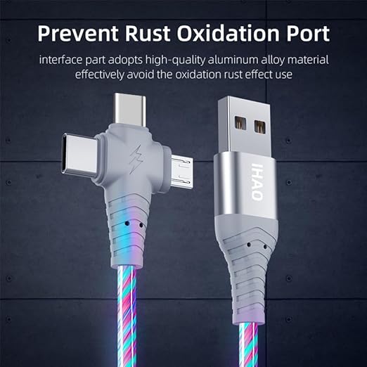 IHAO Multi Ports Light-Up USB Cable USBA to USBC/MicroUSB Cable Durable Fast Charging Cable with Visible Current Flow As Night Light Use-3in1 Blue