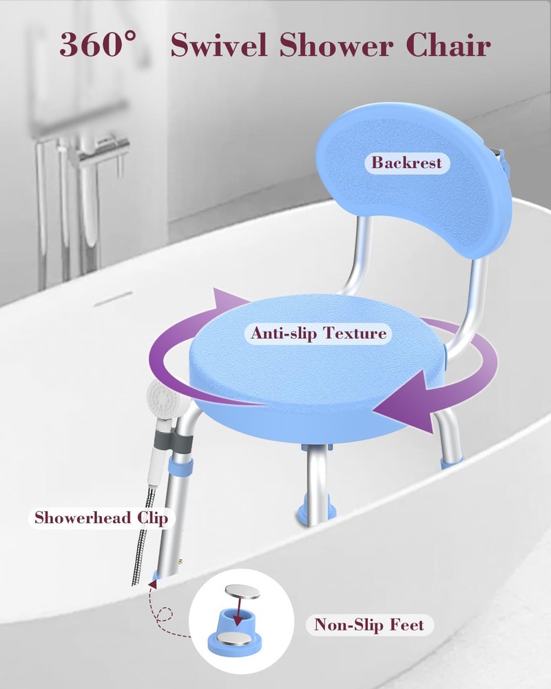 Fvzzin Swivel Shower Chair with Back, 360° Height Adjustable Shower Stool, Compact Space-Saving Design for Small Showers, Non-Slip Bathroom Chair for Seniors & Elderly (Blue)