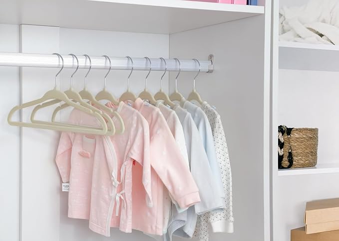 ManGotree 11" Baby Velvet Hangers, Non-Slip Kids Coat Hangers with 360° Swivel Hook, Ultra-Thin Felt Children's Hanger for Infant & Toddler Clothes, 66 Pack (Beige)